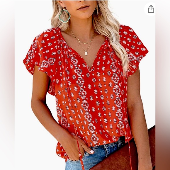 Large Red Short-Sleeved Patterned Blouse - Picture 1 of 3